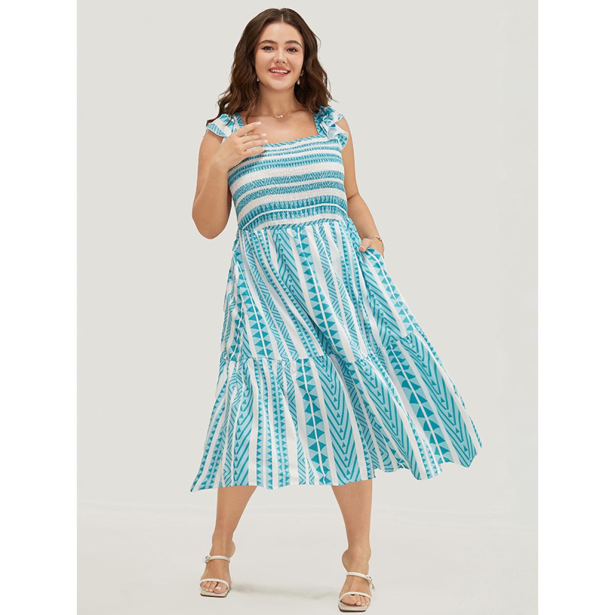 Plus Size Striped Contrast Square Neck Pocket Ruffles Shirred Cami Dress LightBlue Women Vacation Square Neck Cap Sleeve Curvy Midi Dress BloomChic 12/L Product Image