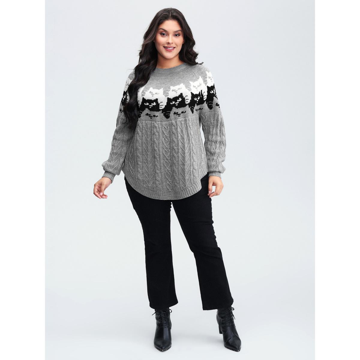 Plus Size Color Block Cat Pattern Arc Hem Pullover DarkGray Women Leisure Loose Long Sleeve Round Neck Casual Pullovers BloomChic 18-20/2X Product Image