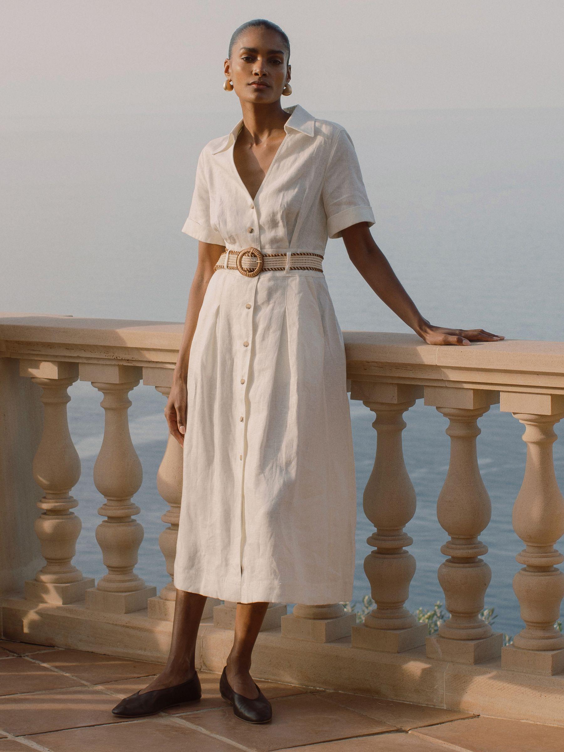 Petite Linen Belted Midi Shirt Dress in Ivory Product Image