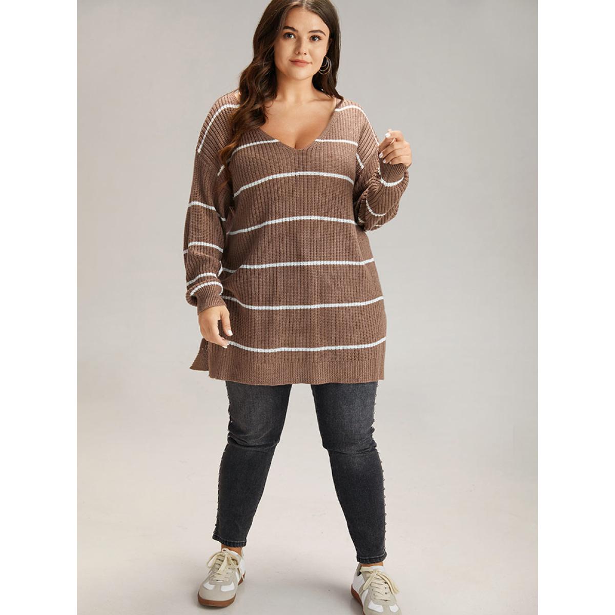 Plus Size Supersoft Essentials Striped V Neck Split Hem Pullover Russet Women Casual Loose Long Sleeve V-neck Dailywear Pullovers BloomChic 14-16/1X Product Image