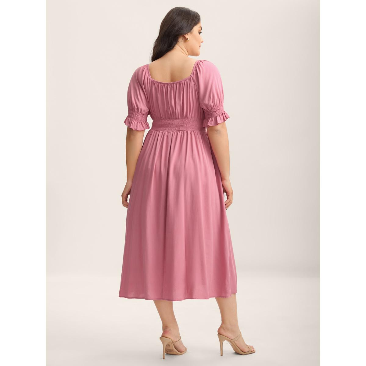 Plus Size Rayon Stretchy Waist Pockets Milkmaid Dress Watermelon Women Romantic Square Neck Short sleeve Curvy BloomChic 22-24/3X Product Image