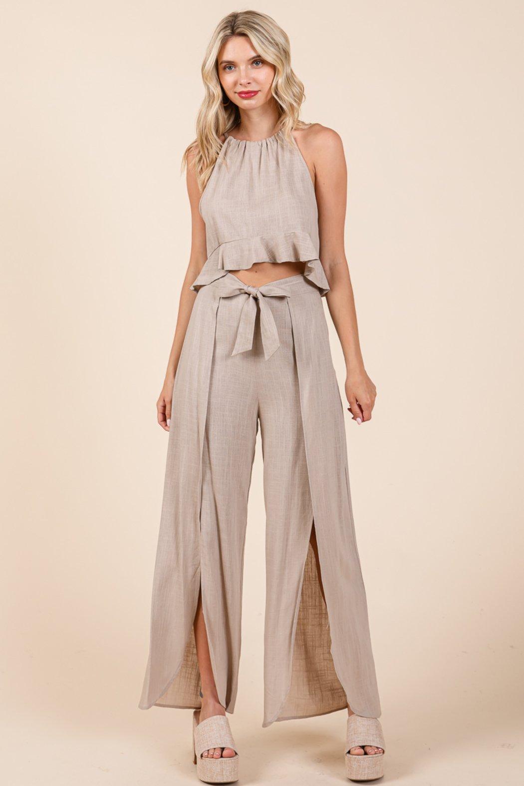 Linen Crop Top And Wide Slit Pants Two Piece Sets Product Image