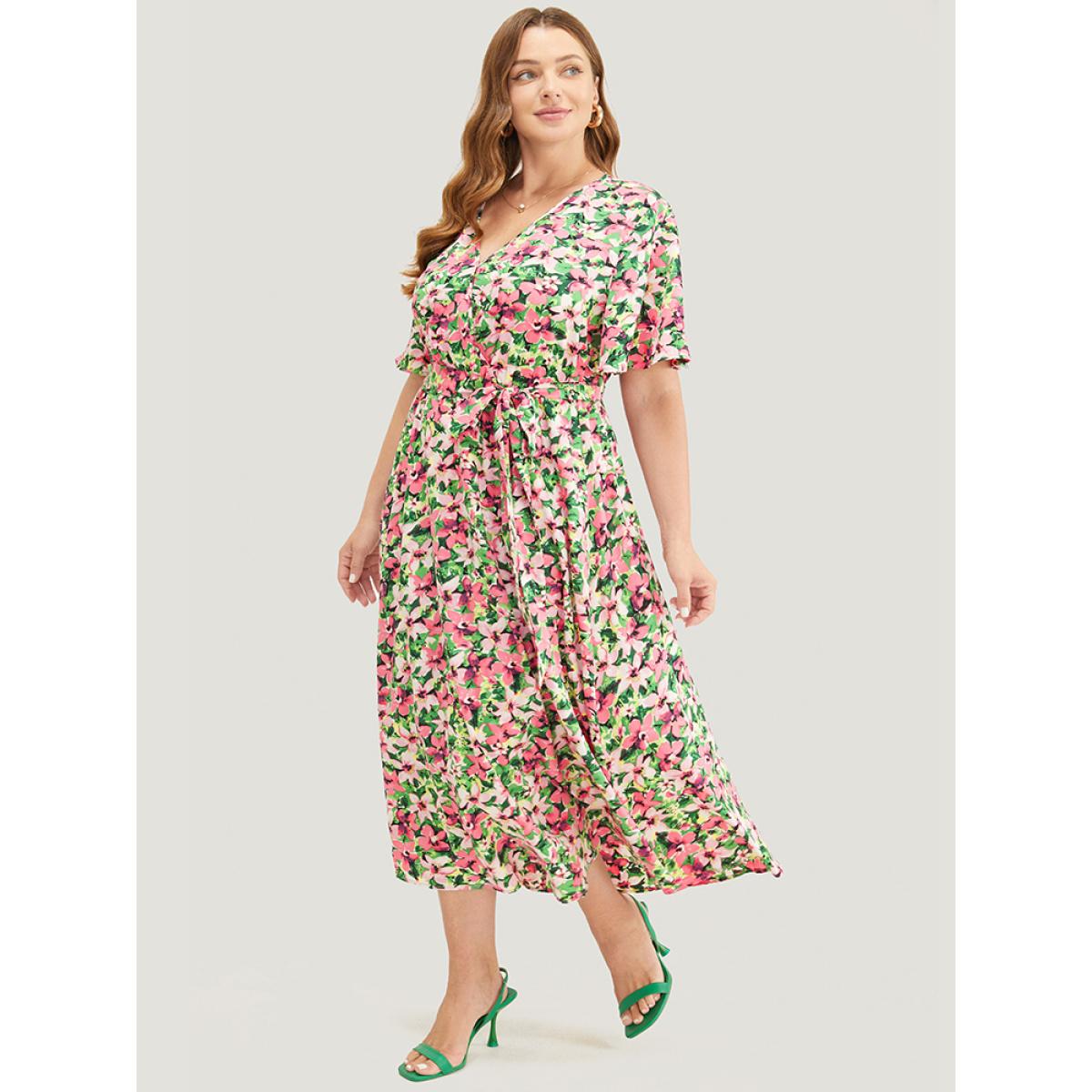 Plus Size Floral Printed Ruffle Sleeve Pocket Surplice Neck Flutter Dress Pink Women Elegant Cross straps V-neck Short sleeve Curvy Midi Dress BloomChic 14-16/1X Product Image