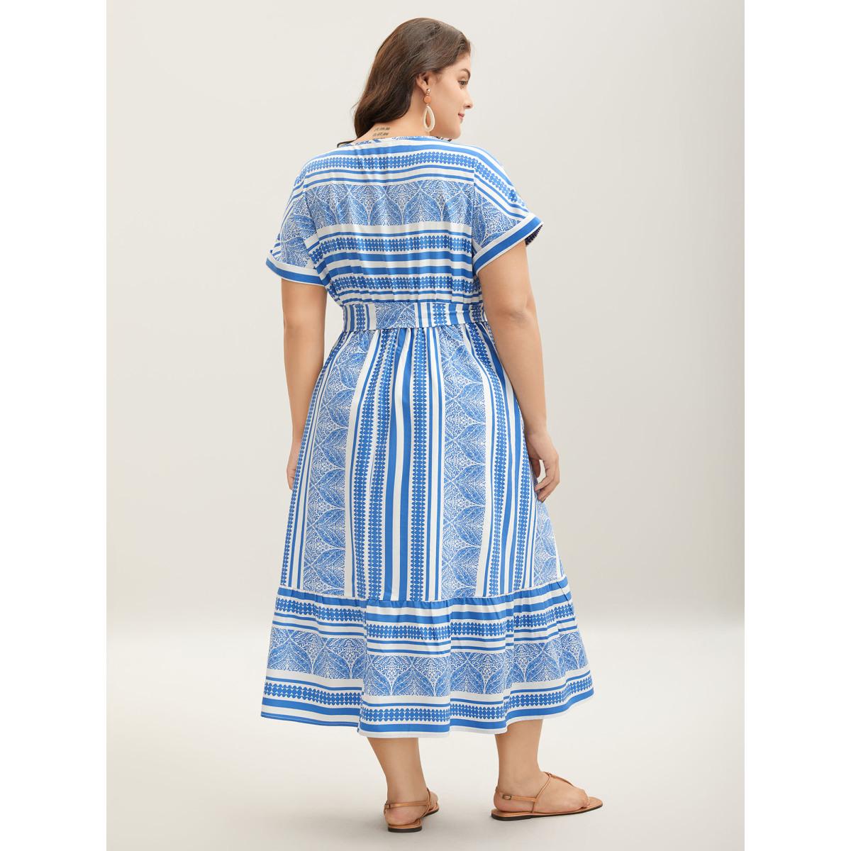 Plus Size Nautical Stripes Belted Pockets Maxi Dress Skyblue Women Round Neck Cap Sleeve Curvy BloomChic 14-16/1X Product Image