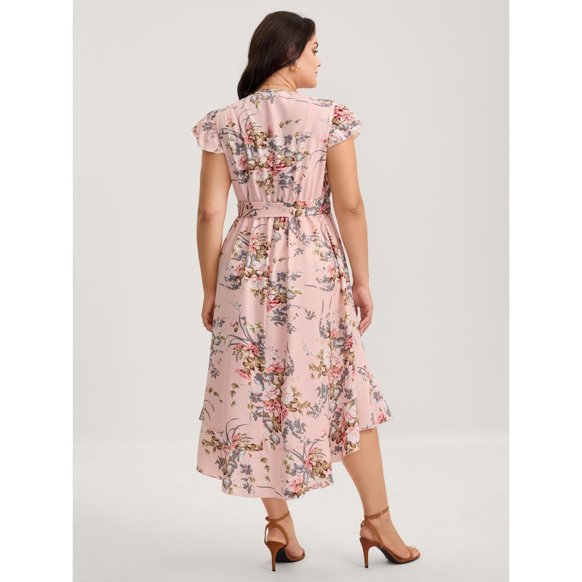 Plus Size Midnight Blooms Wrap A-Line Midi Dress Lightpink Women Overlap Collar Cap Sleeve Curvy BloomChic 12/L Product Image