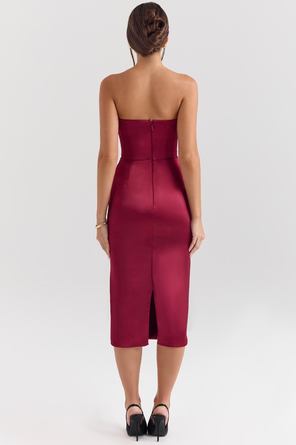 Santana  berry satin strapless midi dress Product Image
