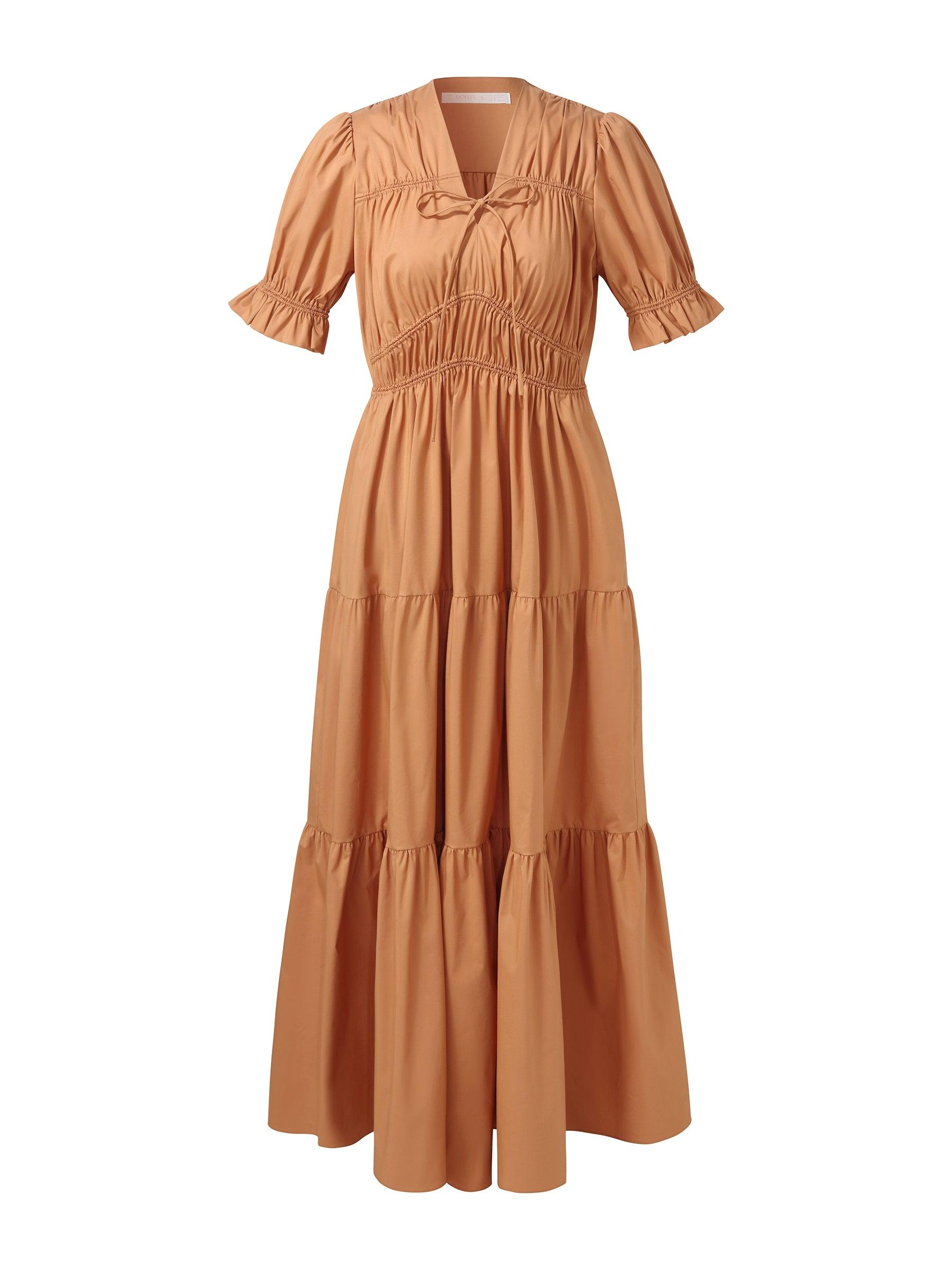 Drawstring Tie Front Women Tiered Maxi Dress Product Image