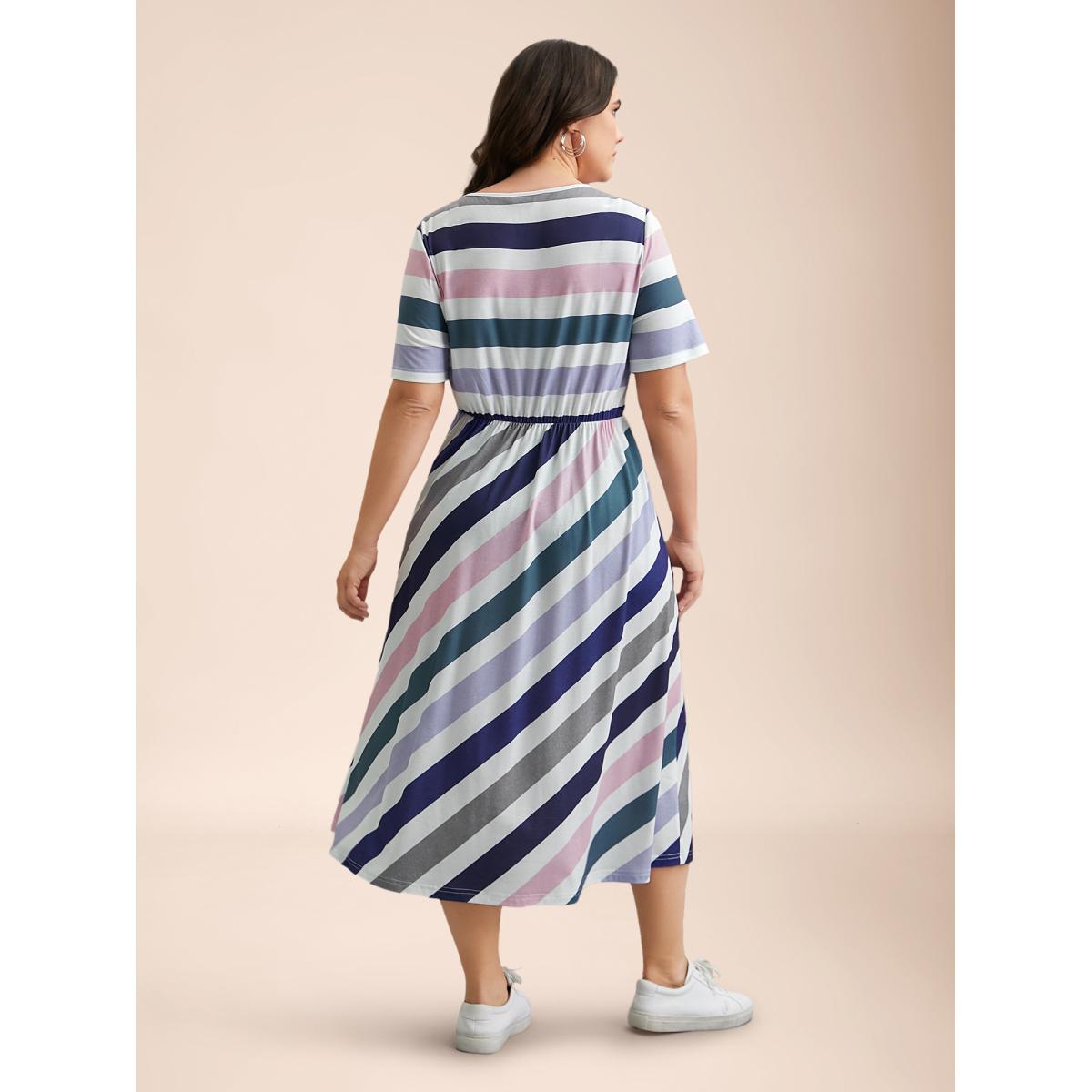 Plus Size Striped Waist-Tie Half Sleeve Midi Dress Multicolor Women Casual Tie knot Knit Dresses Bloomchic 30/6X Product Image