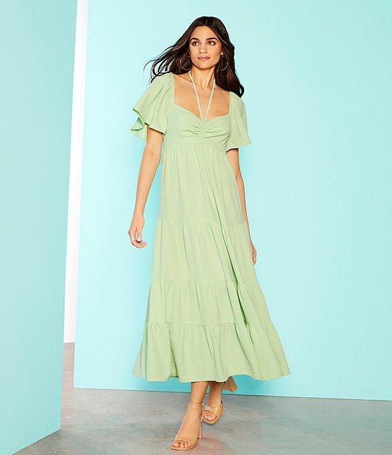 GB Tie Neck Short Sleeve Tiered Maxi Dress Product Image