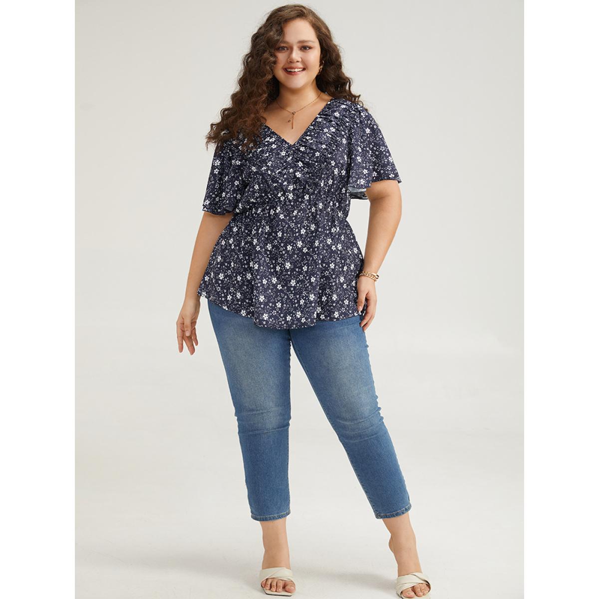 Plus Size Indigo Ditsy Floral Flutter Sleeve Ruched Blouse Women Elegant Short sleeve V-neck Dailywear Blouses BloomChic 26/4X Product Image