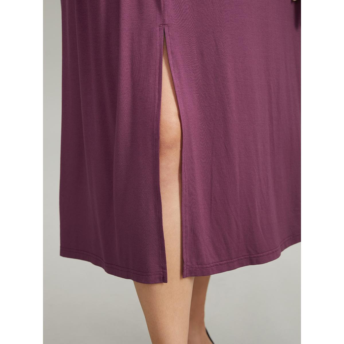 Plus Size Solid Twist Front Gathered Split Hem Dress Mauve Women Office Plain Asymmetrical Neck Long Sleeve Curvy Midi Dress BloomChic 26/4X Product Image