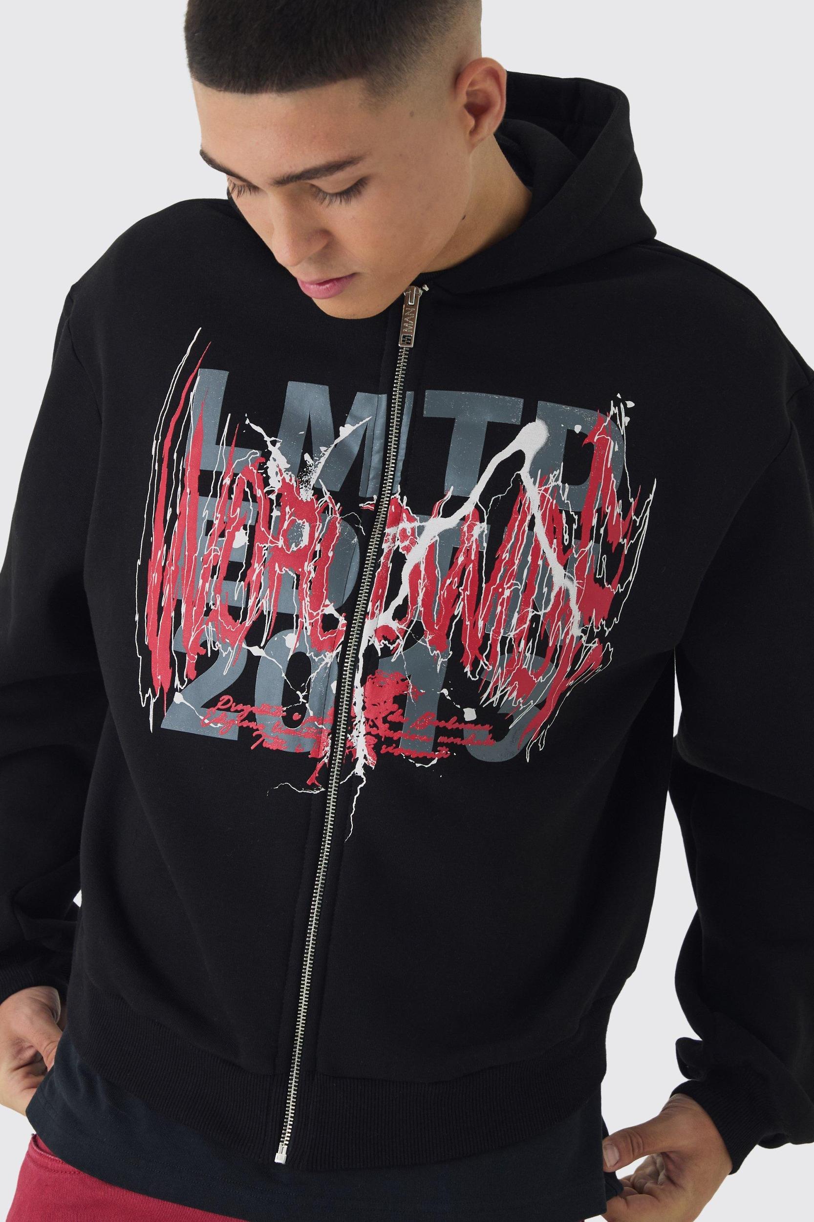 Oversized Boxy Large Scale Gothic Print Zip Through Hoodie | boohooMAN USA Product Image