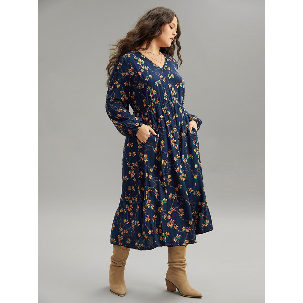 Plus Size Floral Print Elastic Waist Lantern Sleeve Dress DarkBlue Women Elegant Elastic cuffs V-neck Long Sleeve Curvy Midi Dress BloomChic 26/4X Product Image