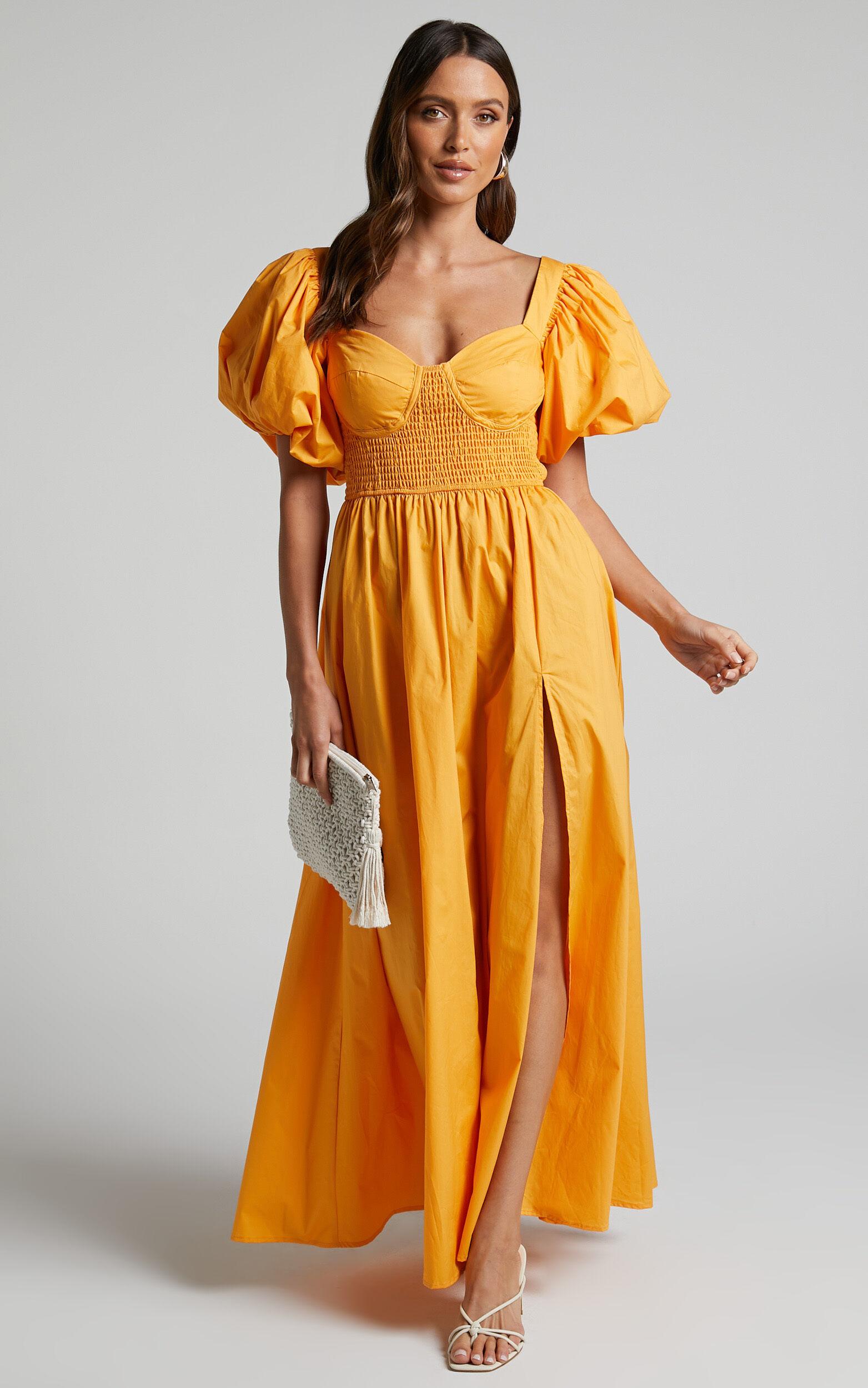 Raiza Midi Dress - Shirred Waist Puff Sleeve Dress in MARIGOLD Product Image