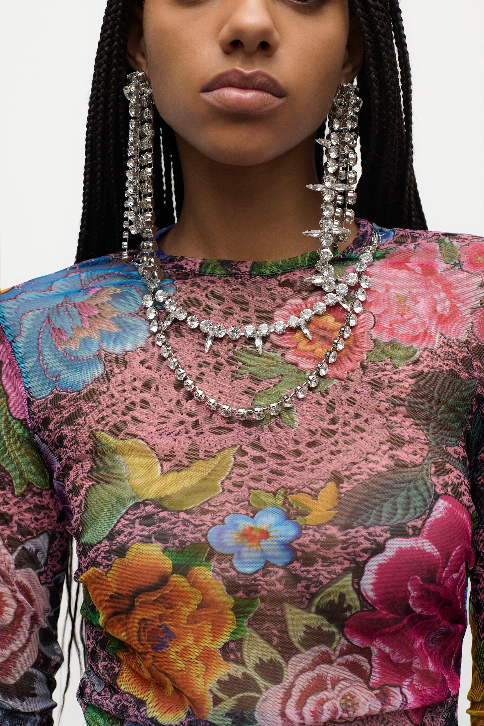 Crystal Embellished Printed Tulle Midi Dress Product Image