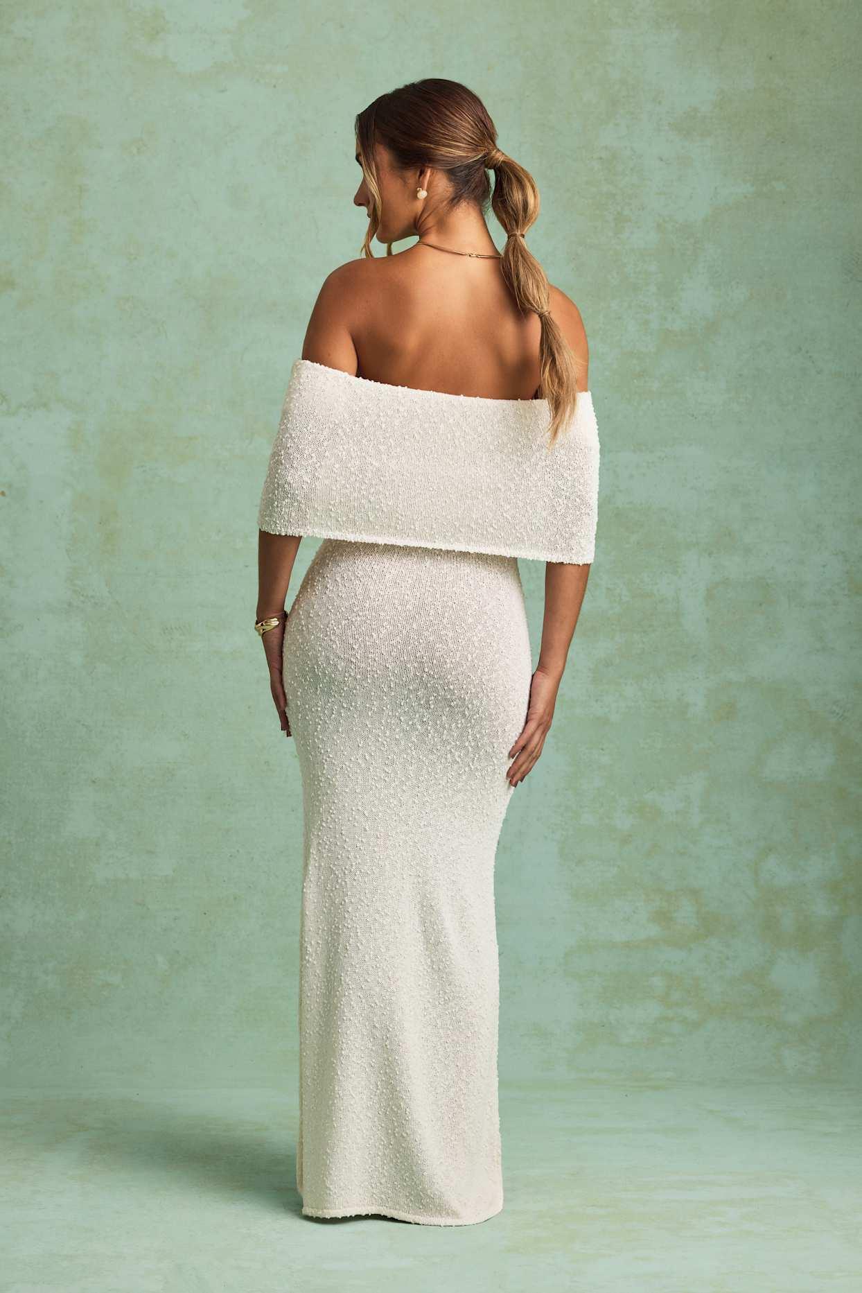 Bouclé Off-Shoulder Maxi Dress in White Girls Product Image