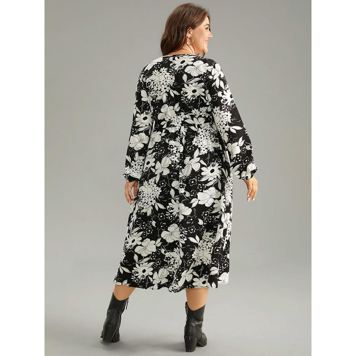 Plus Size Floral Belted V Neck Lantern Sleeve Dress Black Women Casual Elastic cuffs V-neck Long Sleeve Curvy Midi Dress BloomChic 12/L Product Image