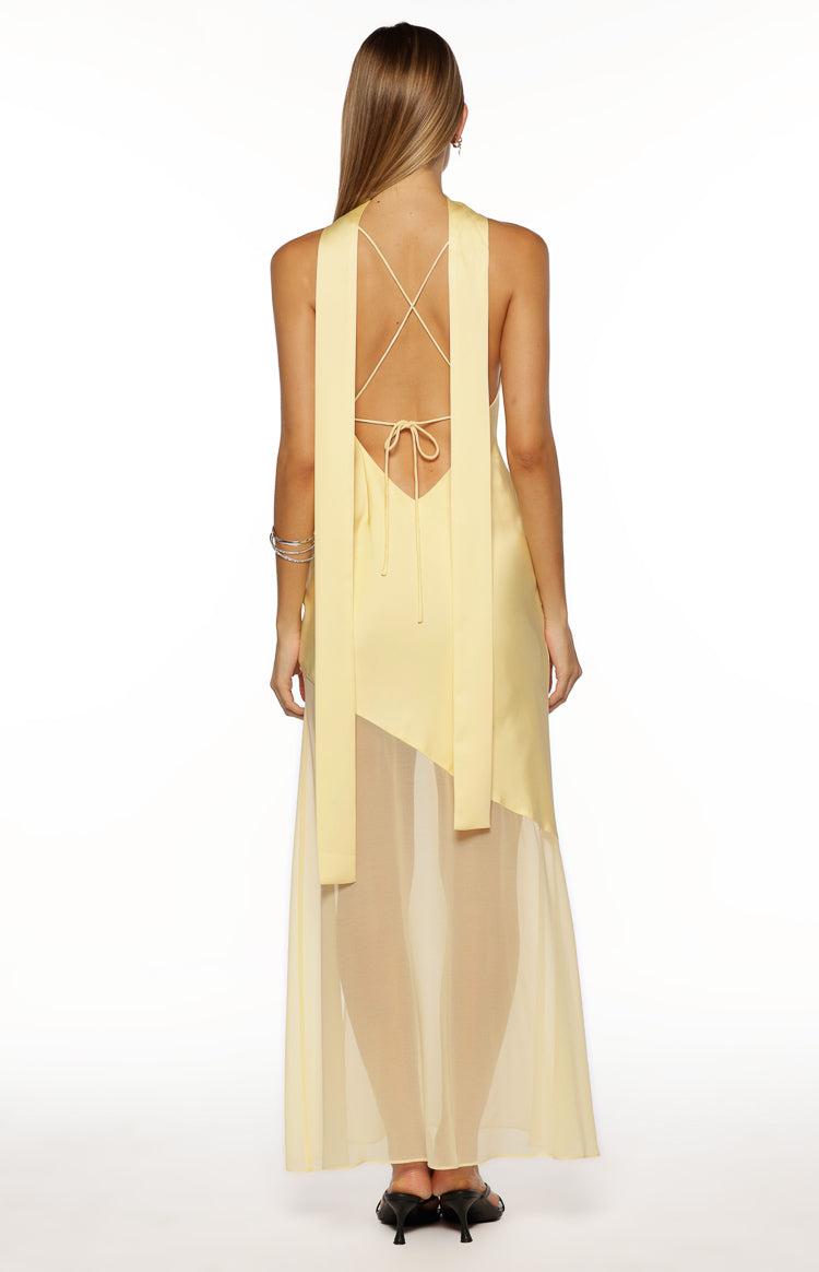 Laila Yellow Satin Scarf Formal Maxi Dress Product Image