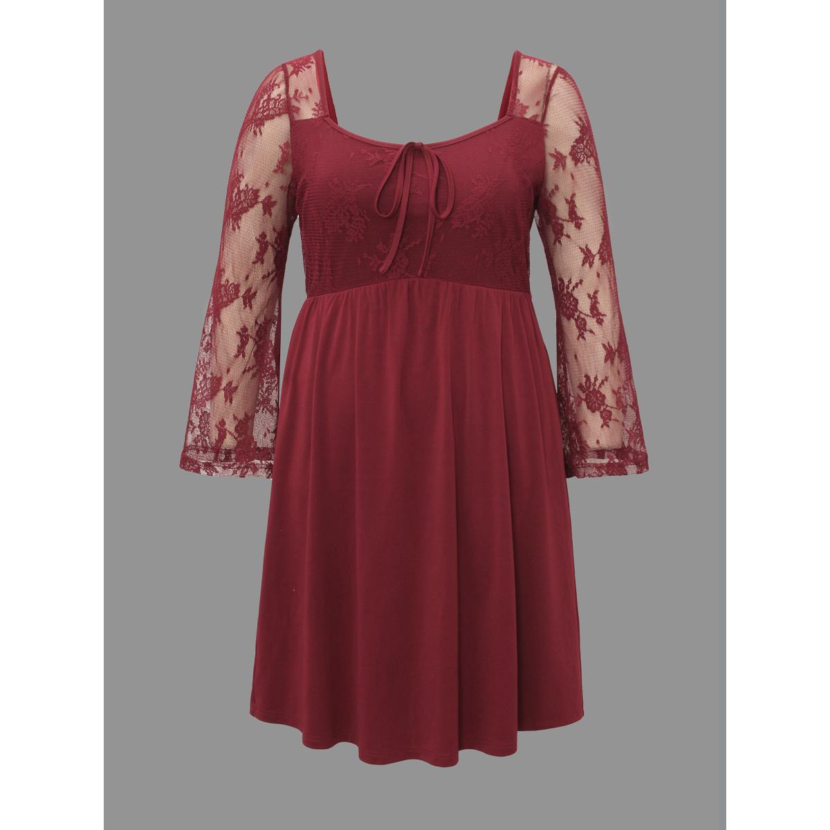 Plus Size Crochet Lace Mesh Bell Sleeve Dress Scarlet Women Elegant Woven ribbon&lace trim Heart neckline Long Sleeve Curvy BloomChic 14-16/1X Product Image