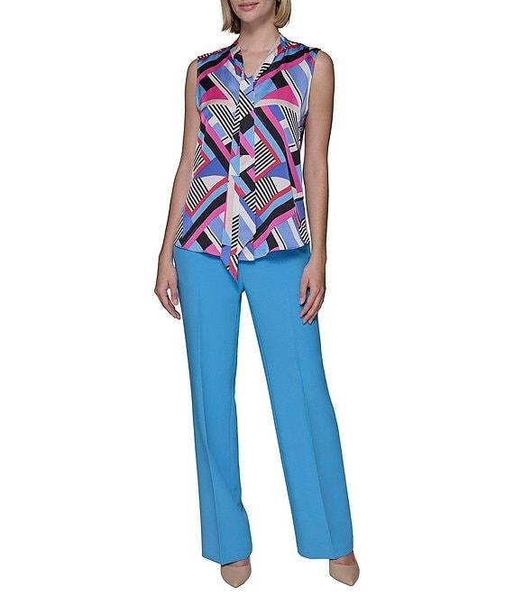 KARL LAGERFELD PARIS Geometric Printed Satin Crepe De Chine Tie-Neck Sleeveless Blouse Product Image