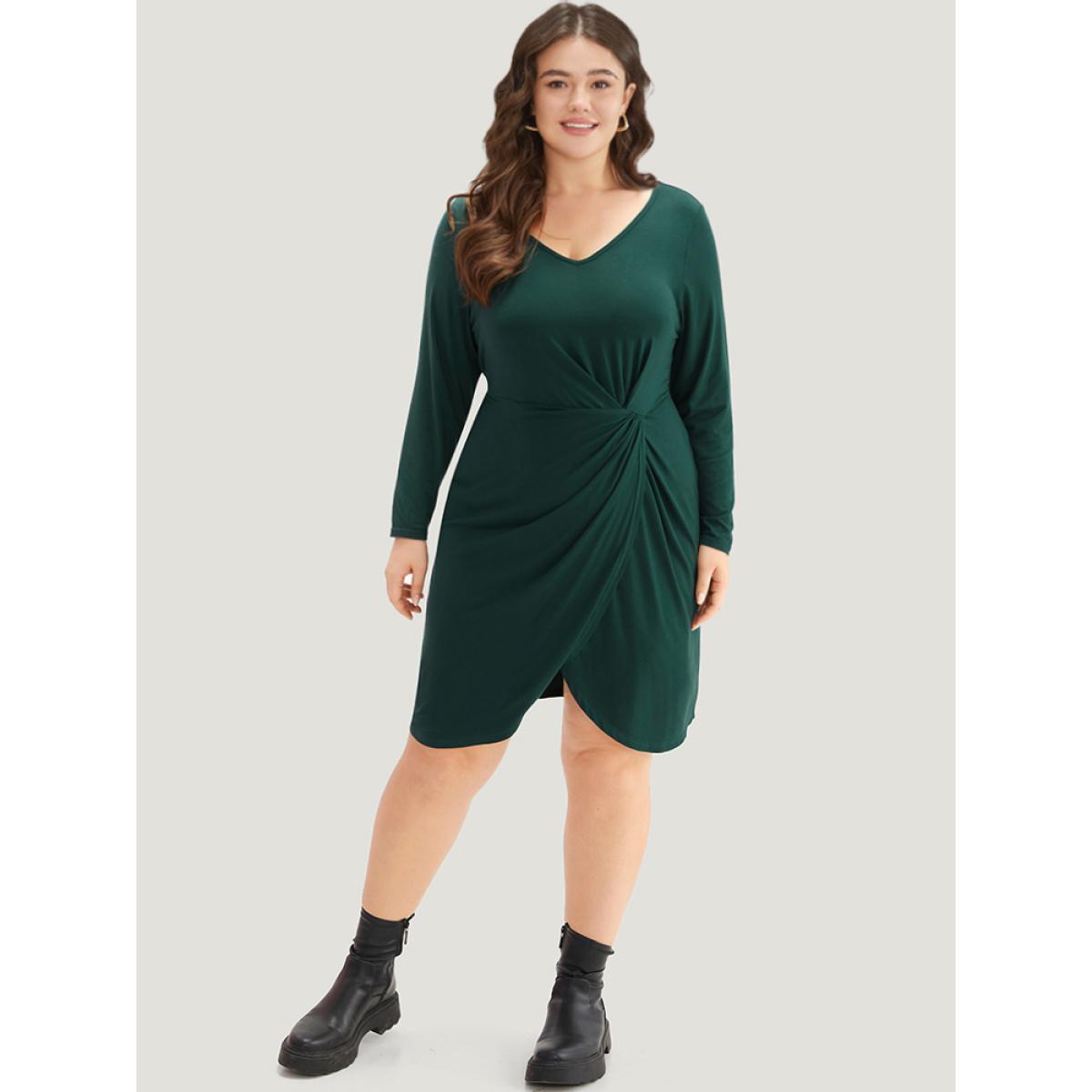 Plus Size Solid Wrap Twist Front V Neck Dress DarkGreen Women Casual Wrap V-neck Long Sleeve Curvy Knee Dress BloomChic 10/M Product Image