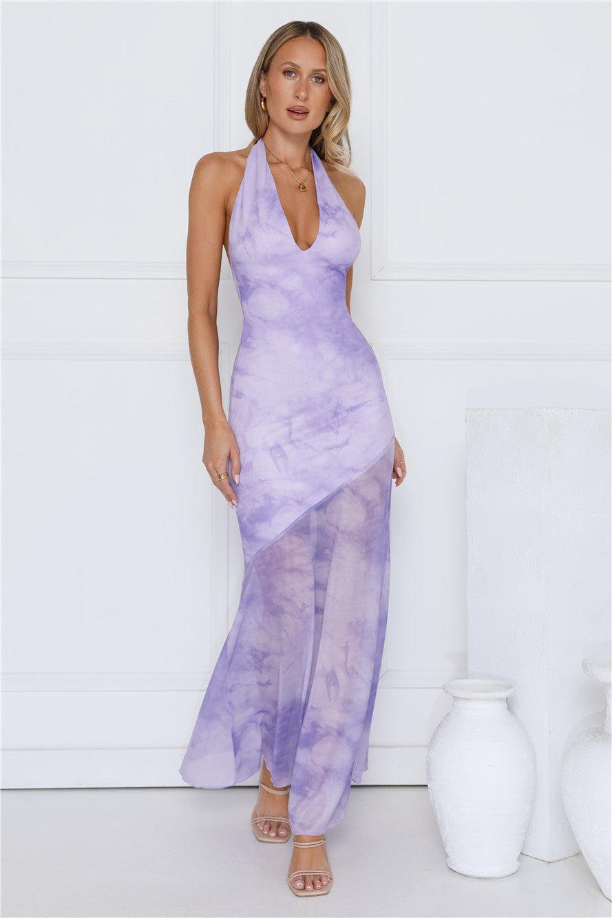Sprinkle Pop Halter Mesh Maxi Dress Purple Product Image