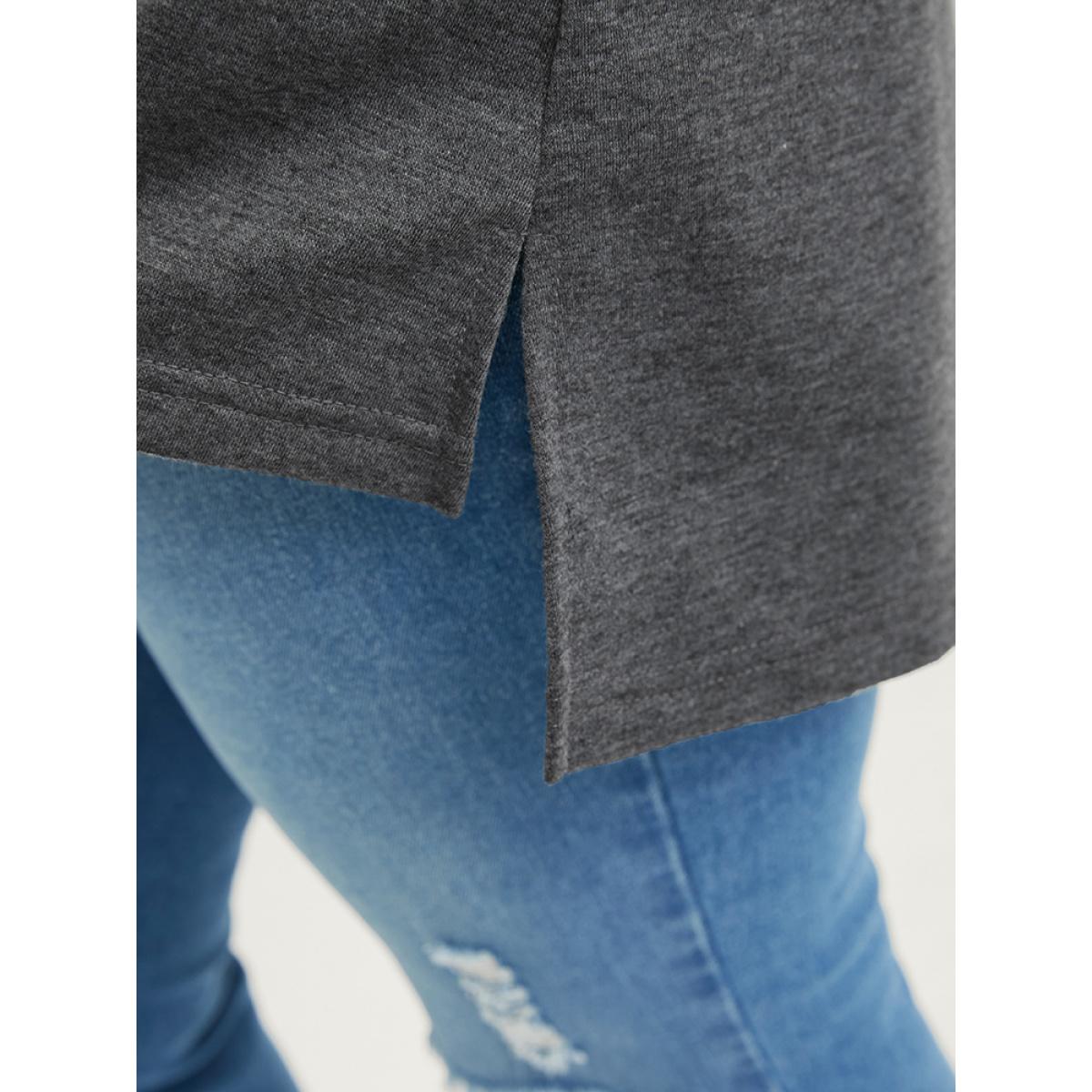 Plus Size Solid Asymmetrical Hem Distressed Drop Shoulder Sweatshirt Women DimGray Casual Plain Round Neck Dailywear Sweatshirts BloomChic 12/L Product Image