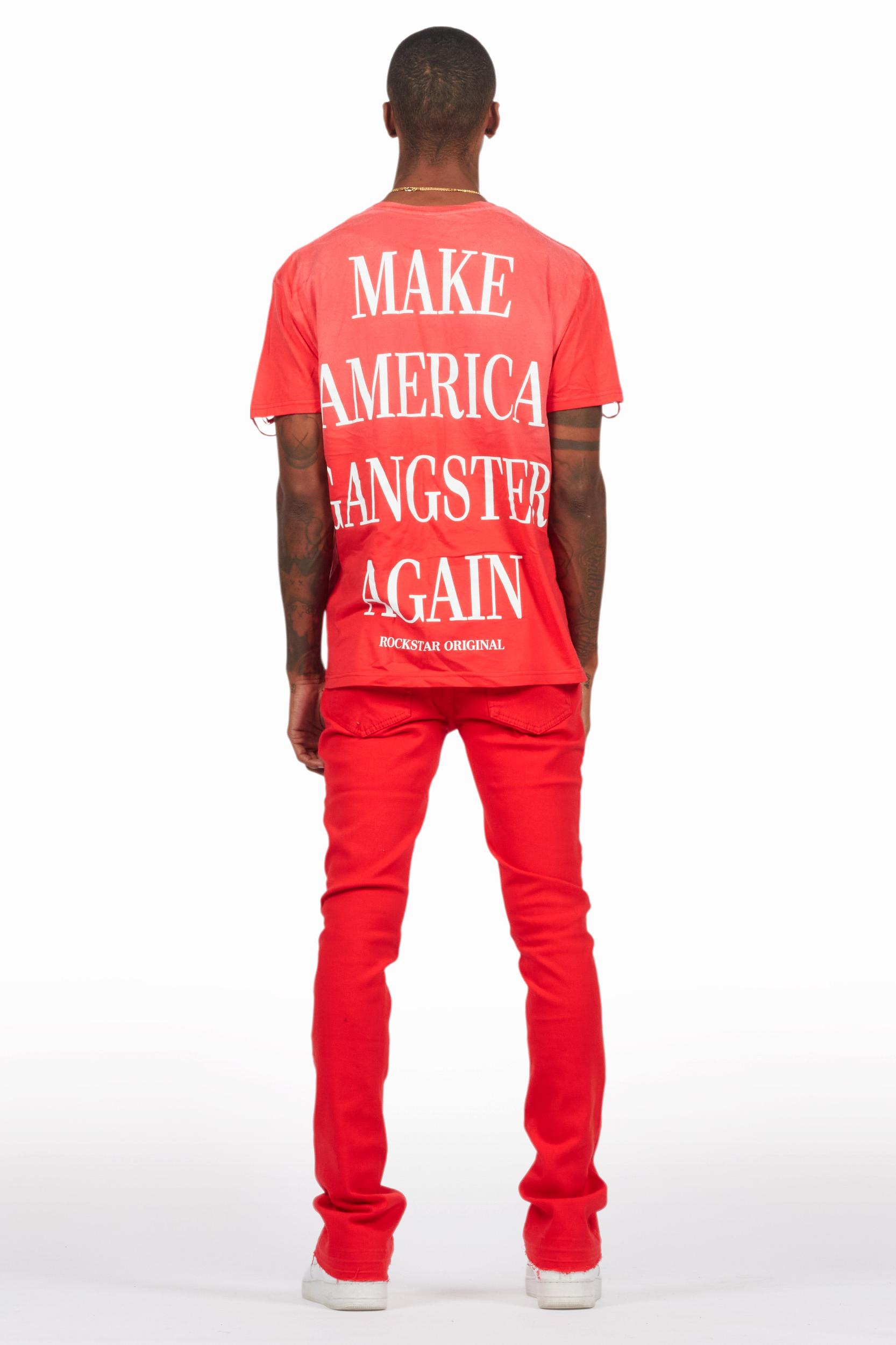Drako Red/White Oversized Graphic T-Shirt/Dag Stacked Flare Jean Set Male Product Image