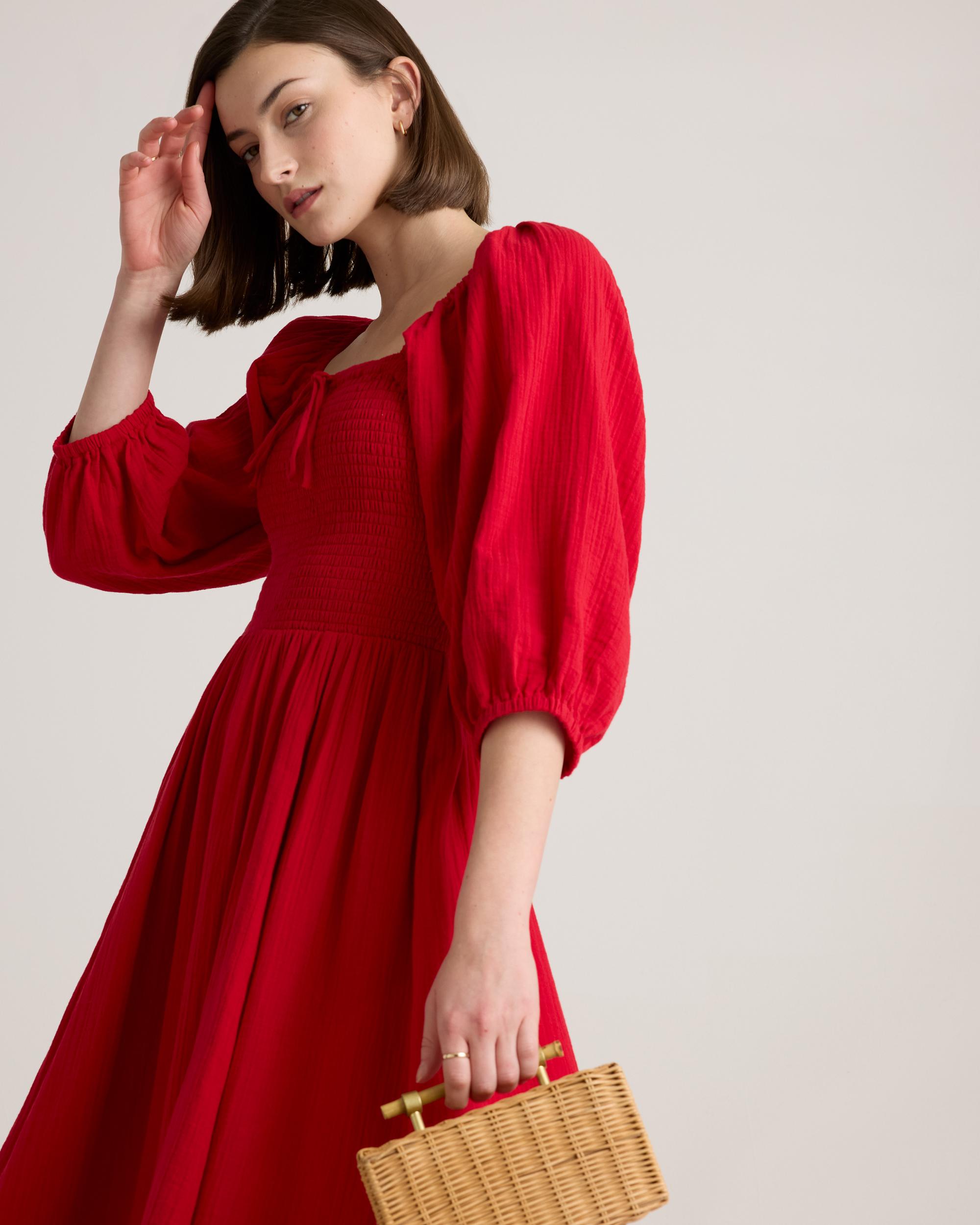 Quince | Women's Gauze Smocked Square Neck Midi Dress Organic Cotton Product Image