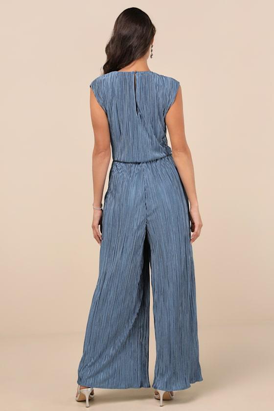 Firenze Dusty Blue Plisse Surplice Sleeveless Wide-Leg Jumpsuit Product Image