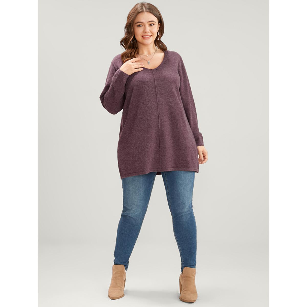 Plus Size Solid Pointelle Knit V Neck Heather Knit Top Russet Women Casual Loose Long Sleeve V-neck Dailywear Pullovers BloomChic 22-24/3X Product Image