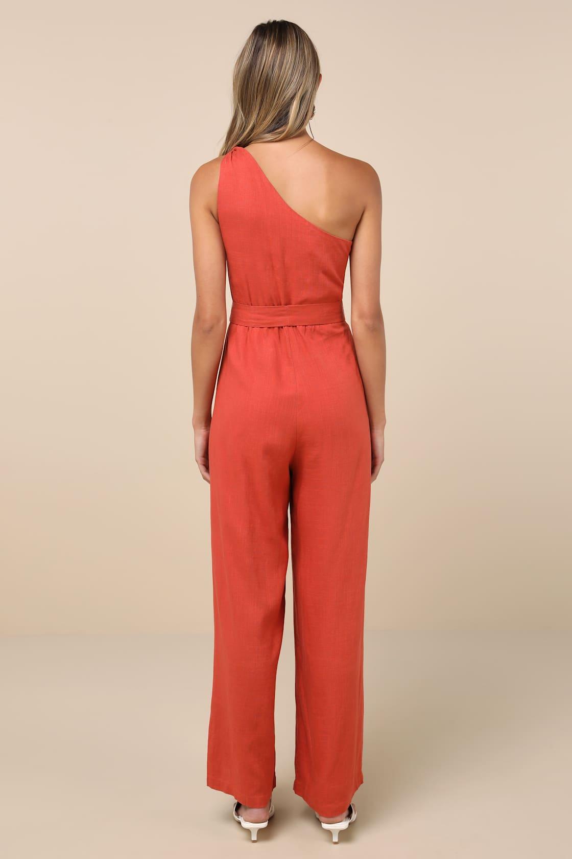 Revered Chicness Rust Red Linen One-Shoulder Jumpsuit Product Image