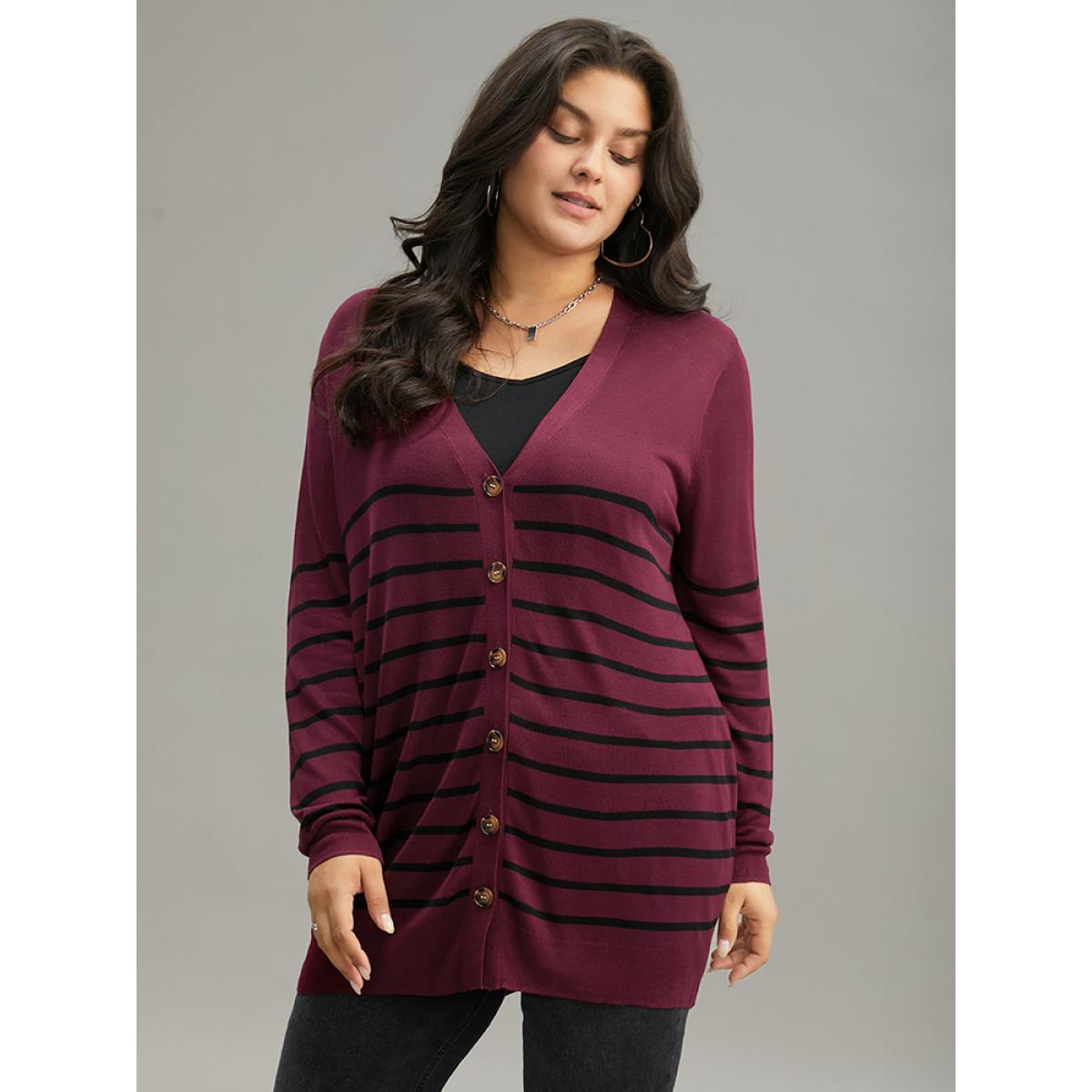 Plus Size Supersoft Essentials Striped Button Fly Tunic Cardigan Burgundy Women Casual Loose Long Sleeve Dailywear Cardigans BloomChic 22-24/3X Product Image