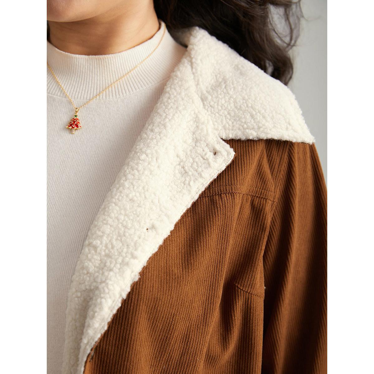 Plus Size Corduroy Lapel Collar Fuzzy Patchwork Button Fly Coat Women Maroon Casual Contrast Ladies Dailywear Winter Coats BloomChic 12/L Product Image