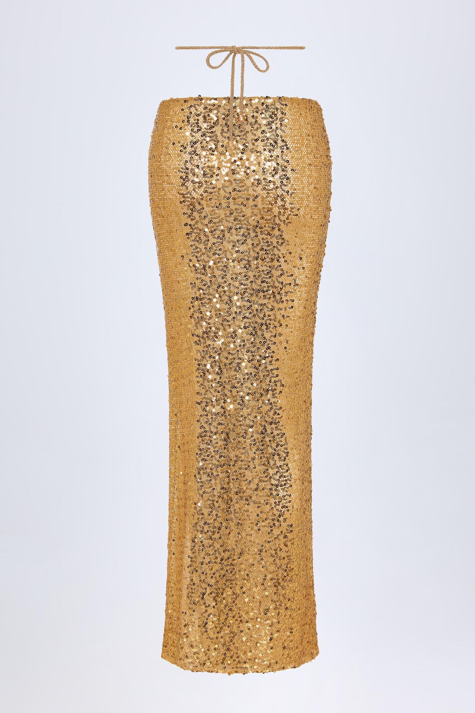 Embellished Hardware-Detail Strappy Maxi Skirt in Gold Product Image