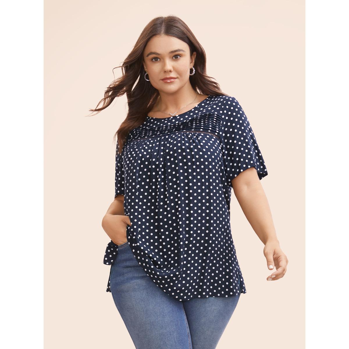 Plus Size Indigo Polka Dot Split Hem Pleated Blouse Women Elegant Cap Sleeve Round Neck Everyday Blouses BloomChic 12/L Product Image