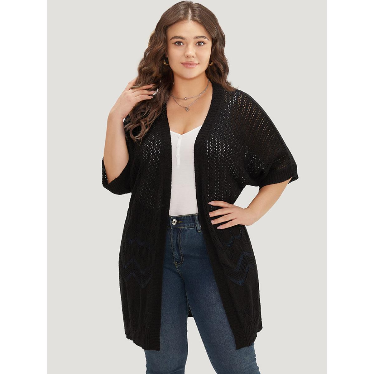 Plus Size Plain Pointelle Knit Open Front Batwing Sleeve Cardigan Black Women Casual Short sleeve Everyday Cardigans BloomChic 28/5X Product Image
