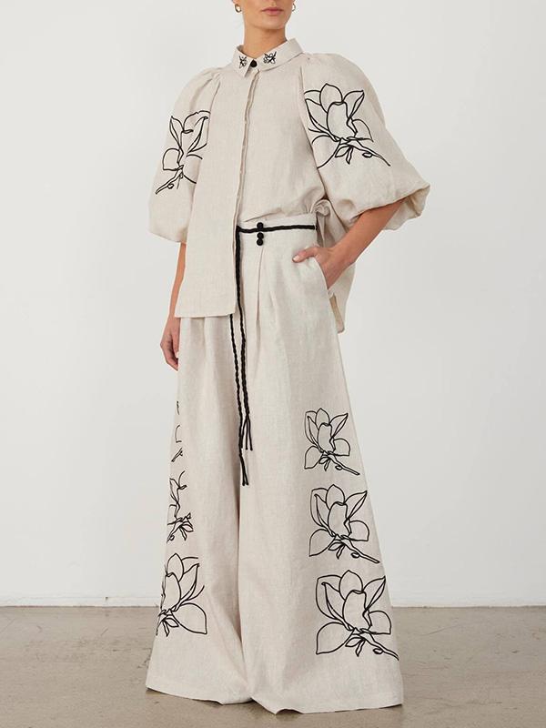 Loose Puff Sleeves Pleated Printed Split-Joint Lapel Blouses&Shirts Tops Product Image