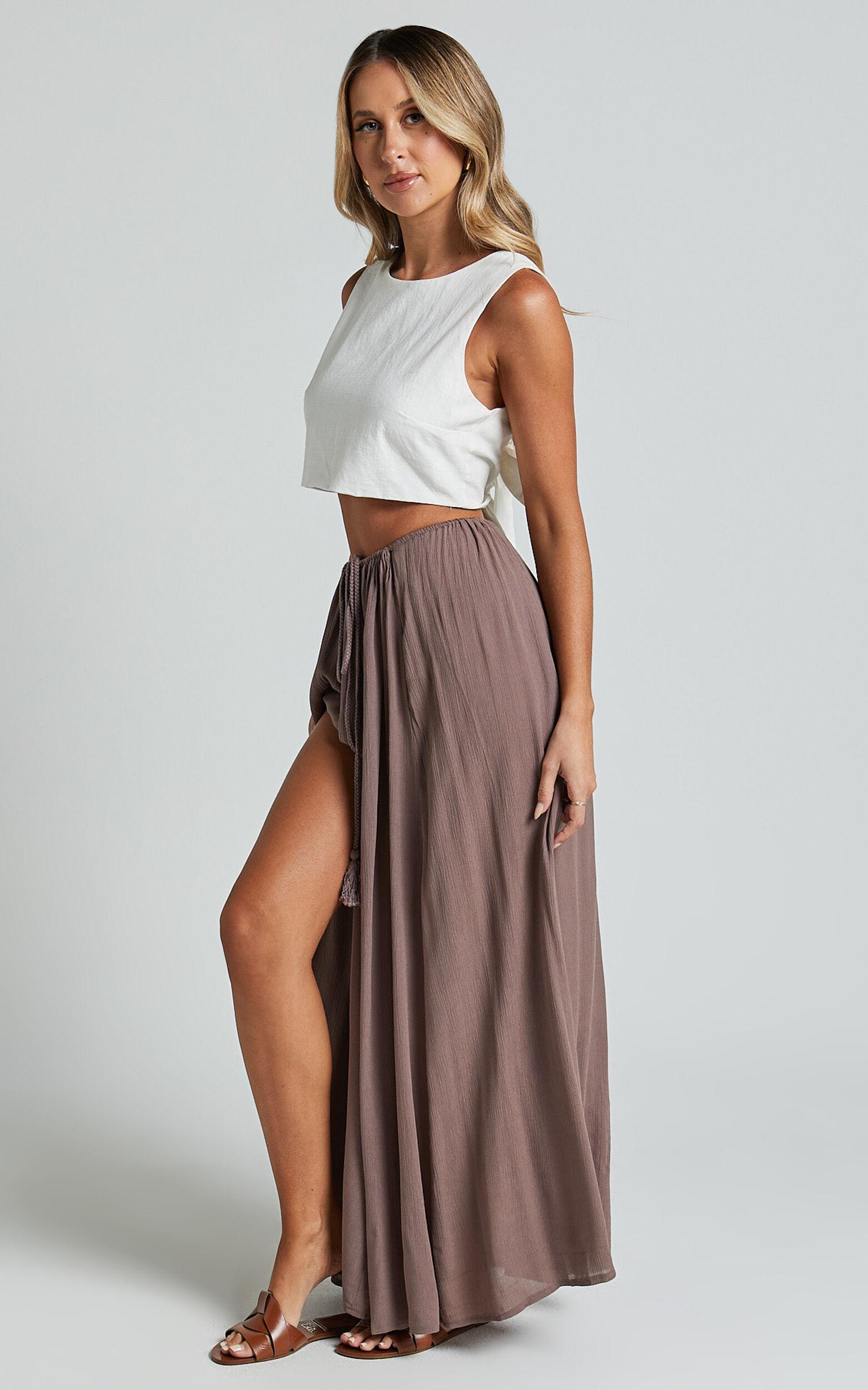 Under The Twilight Maxi Skirt - Thigh Split Skirt in Taupe Product Image