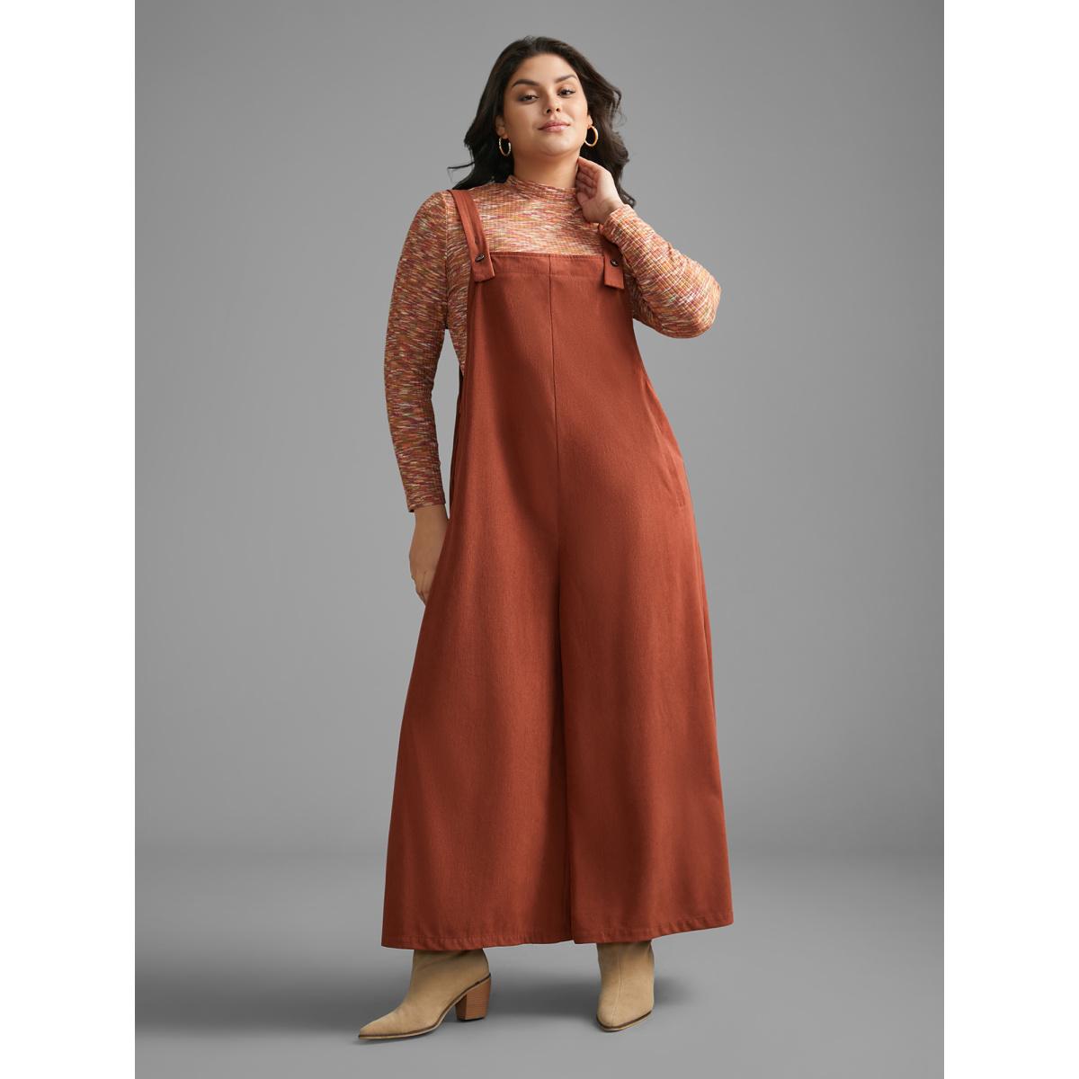 Plus Size Rust Solid Corduroy Wide Leg Overall Women Casual Sleeveless Non Everyday Loose Jumpsuits BloomChic 10/M Product Image