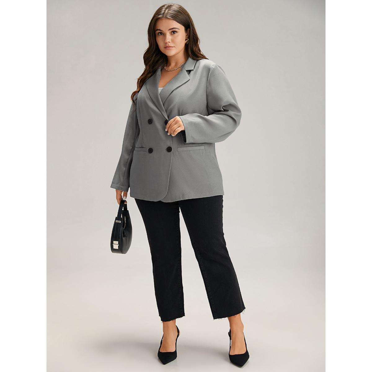 Plus Size Suit Collar Solid Double Breasted Blazer Gray Women Dailywear Plain Plain Sleeve Long Sleeve Suit Collar 10/M Pocket Casual Blazers BloomChic Product Image