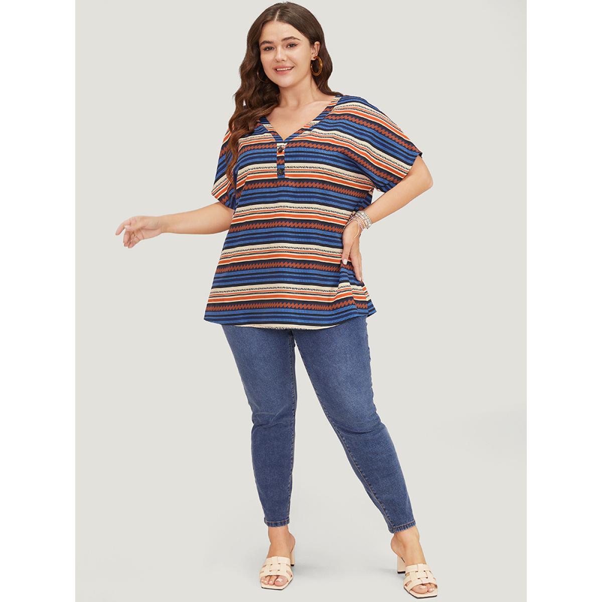Plus Size Multicolor Striped Contrast Button Detail Batwing Sleeve Blouse Women Elegant Short sleeve V-neck Dailywear Blouses BloomChic 30/6X Product Image