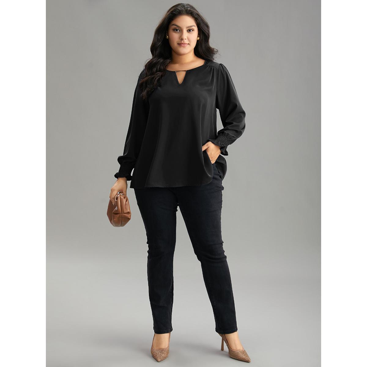 Plus Size Black Static-Free Plain Metal Detail Keyhole Shirred Blouse Women Office Long Sleeve Keyhole Cut-Out Office Blouses BloomChic 14-16/1X Product Image