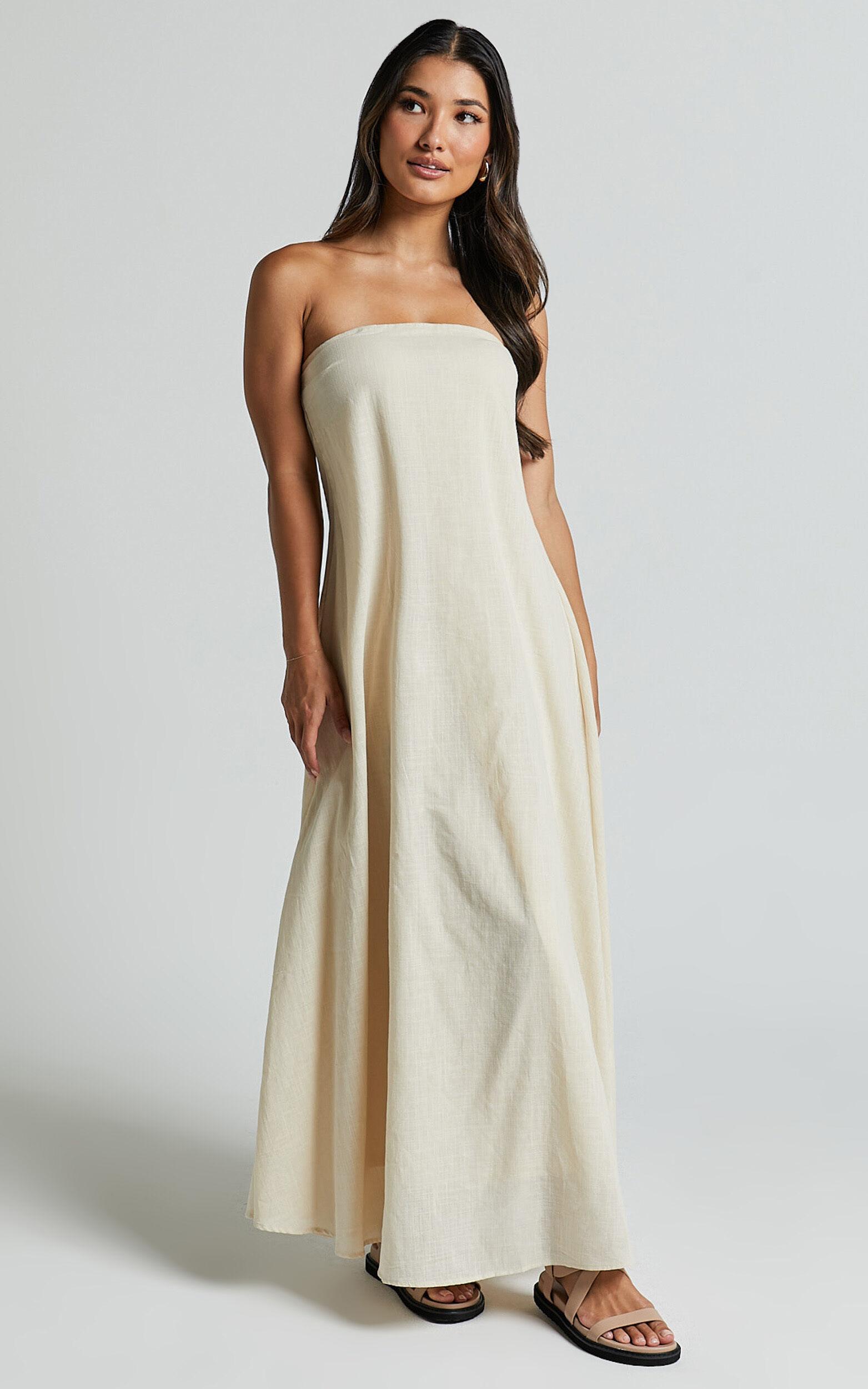 Adessa Maxi Linen Blend Dress - Strapless A Line Dress in Beige Product Image