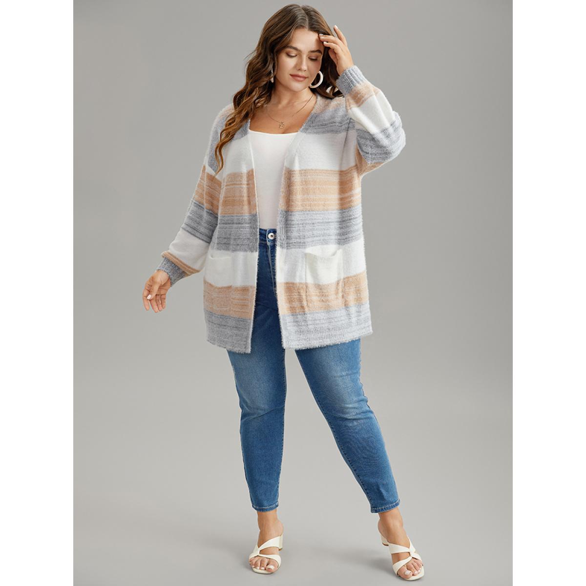 Plus Size Fuzzy Colorblock Heather Drop Shoulder Cardigan Multicolor Women Casual Loose Long Sleeve Dailywear Cardigans BloomChic 10/M Product Image