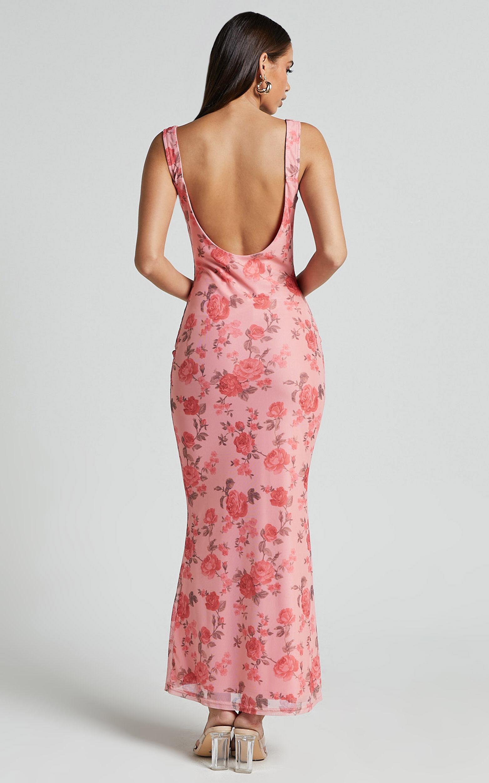 Nadine Maxi Dress - Cowl Neck Low Back Mesh Slip Dress in Pink Floral Product Image
