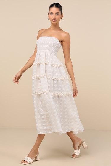 Beautiful Sentiments Ivory Floral Strapless Tiered Midi Dress Product Image