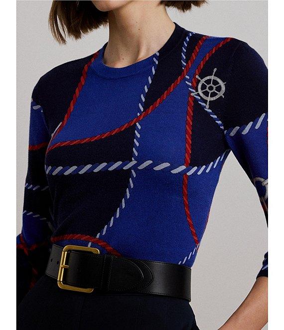 Lauren Ralph Cotton Blend Rope Print Crew Neck Long Sleeve Sweater Product Image