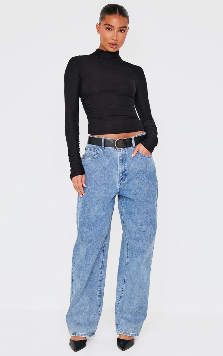 Black Soft Touch High Neck Ruched Sleeve Top Product Image