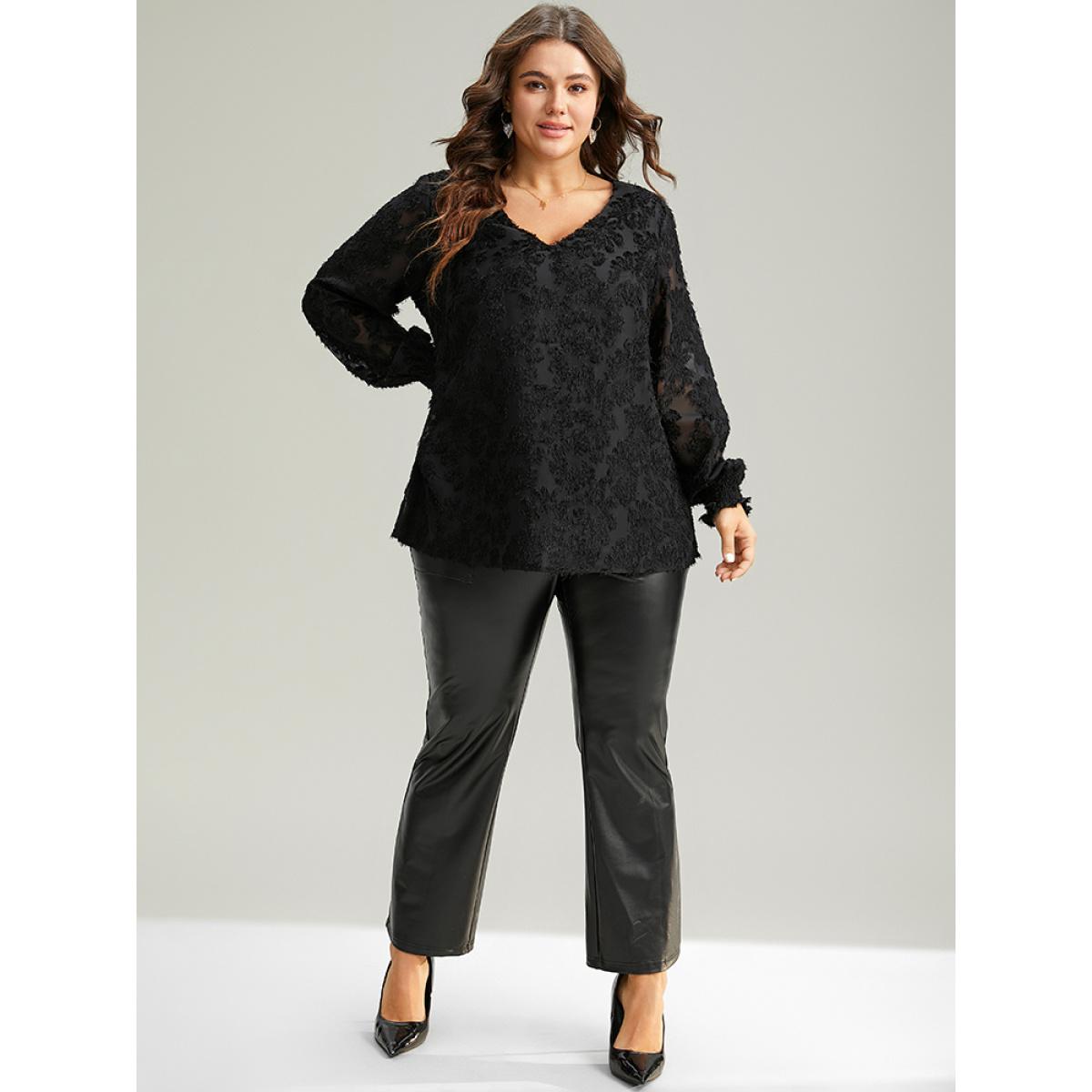 Plus Size Black Plain Appliques Mesh V Neck Shirred Blouse Women Party&Cocktail Long Sleeve V-neck Party Blouses BloomChic 12/L Product Image